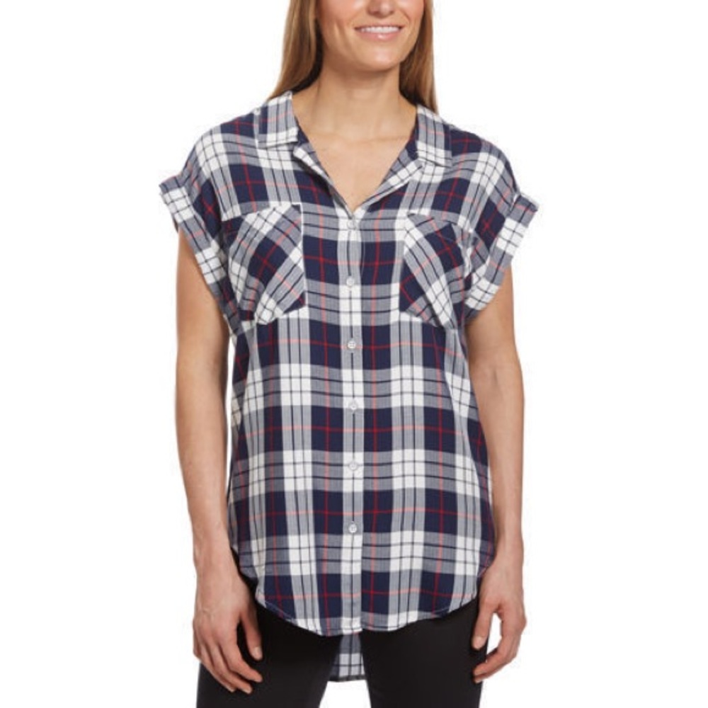 Trendy red/white/blue plaid button down si…